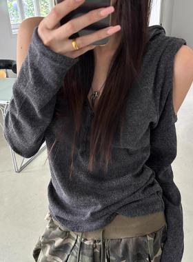 Exclusive type 韩国小众复古沙丘风个性露肩连帽百搭长袖T恤上衣