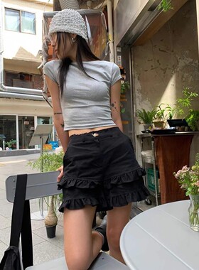 Exclusive type 小众街头个性双层木耳花边高腰后松紧休闲裤短裤