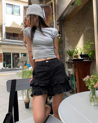 后松紧休闲裤双层木耳花边