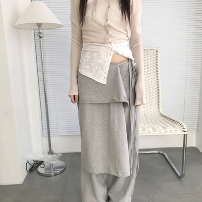 不规则解构叠穿绑带假两件裙裤