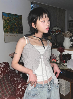 Exclusive type 26春夏街头辣妹短款不规则荷叶边绑带吊带背心女