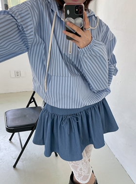 Exclusive type 韩国小众复古蓝色竖条纹拉链口袋连帽宽松上衣女