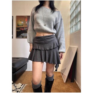 Exclusive type街头复古芭蕾风不规则下摆双层波浪百褶半身裙短裙