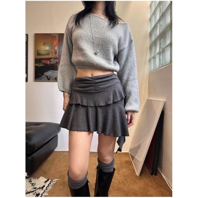 不规则下摆双层波浪百褶半身裙