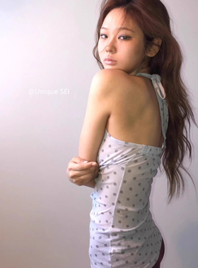 Exclusive type日系轻亚y2k复古波点v领性感挂脖绑带叠穿背心吊带