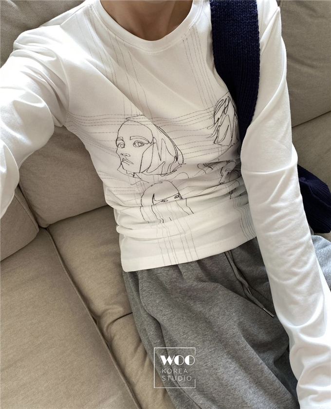 exclusive 韩国小众艺术人像简笔画ins风涂鸦设计圆领长袖t恤上衣