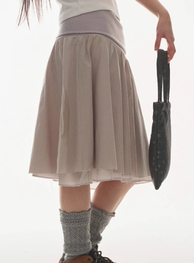 Exclusive type韩国小众休闲翻折腰部设计百搭双层蓬蓬裙纱半身裙