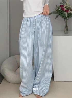 Exclusive type 早春简约慵懒清新条纹褶皱设计松紧腰阔腿休闲裤