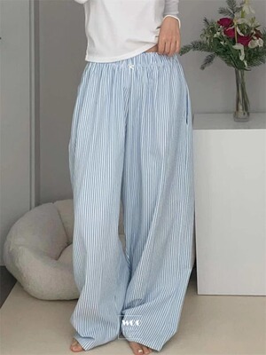 松紧腰阔腿休闲裤清新条纹褶皱