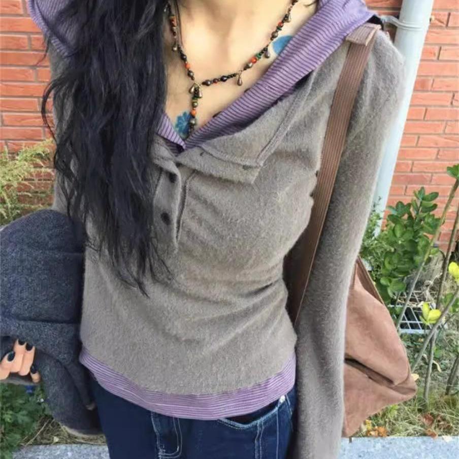 毛绒假两件接拼连帽显瘦长袖T恤