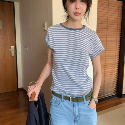 条纹拼接干净圆领baby同款短袖T