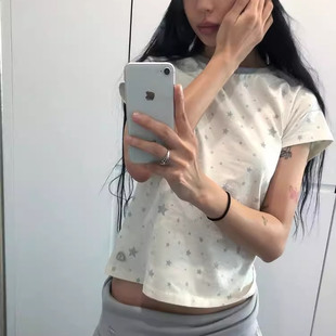 Exclusive type 复古星星印花图案圆领显瘦休闲百搭修身短袖T恤女