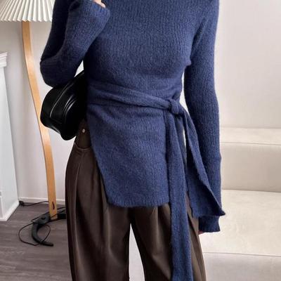 绑带开叉螺纹圆领修身显瘦针织衫