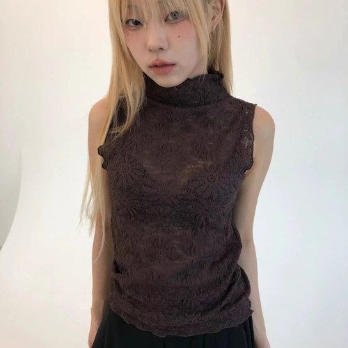 小高领花朵蕾丝微透无袖背心上衣