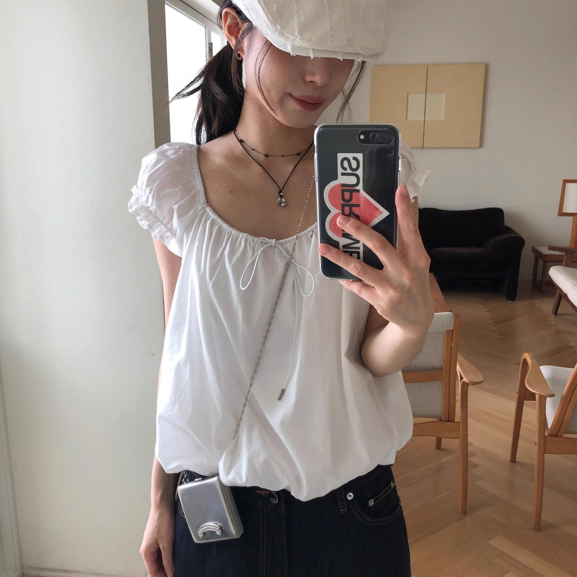Exclusive type甜美简约软妹感泡泡花苞下摆松紧领蝴蝶结短袖上衣