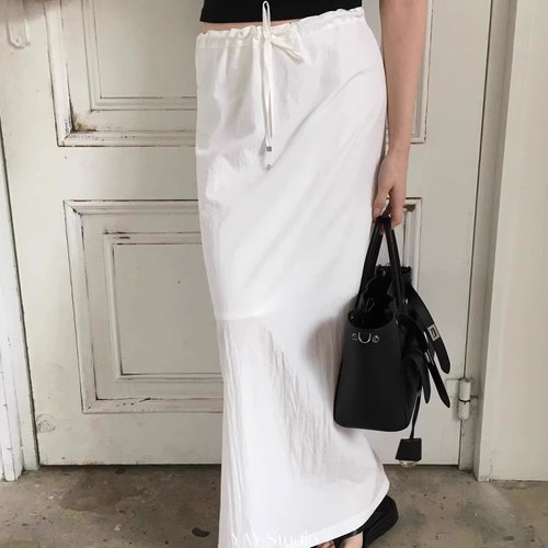 抽绳系带高腰显瘦半身长裙