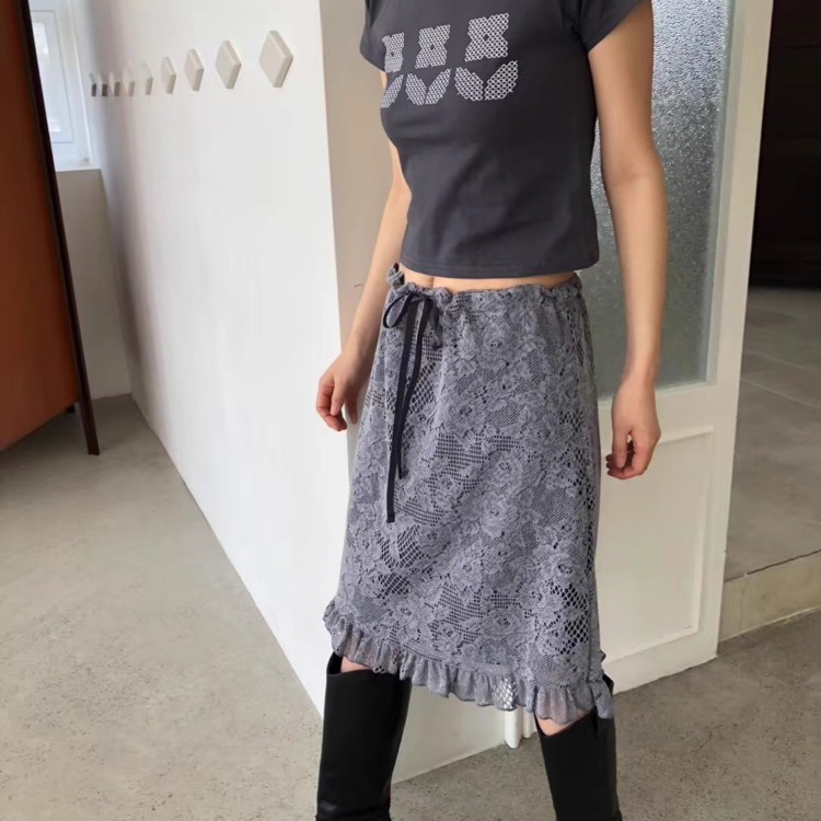 印花花边抽绳宽松显瘦中裙半身裙