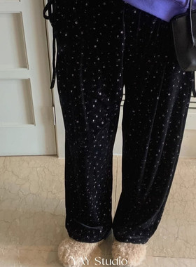 Exclusive type秋冬新款复古碎花丝绒松紧腰绑带高腰显瘦休闲长裤