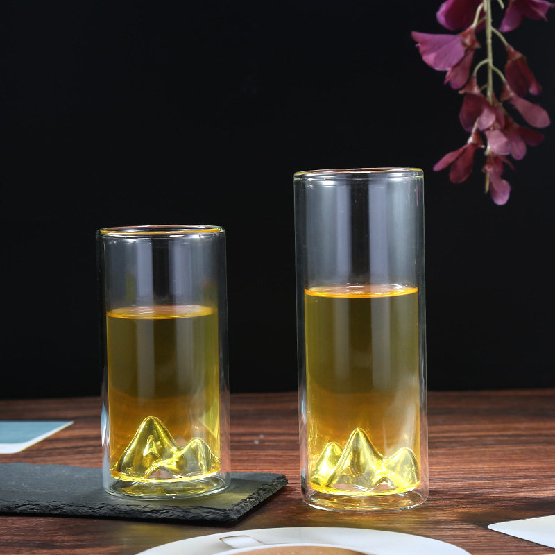 新品双层高硼硅耐热玻璃直身水杯观山杯时尚创意绿茶杯开水杯