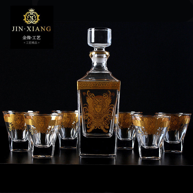 捷克波西米亚风格描金人头像水晶玻璃威士忌洋酒杯酒樽酒瓶七件套