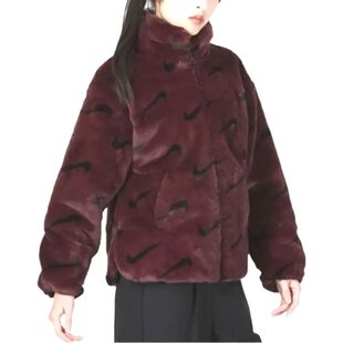 Nike耐克 女款酒红色人造皮草貂绒保暖立领夹克外套DQ6843-652