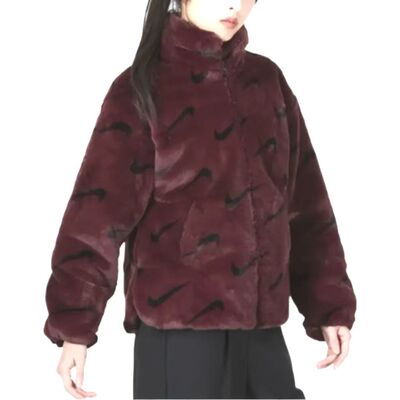 女款酒红色人造皮草貂绒外套