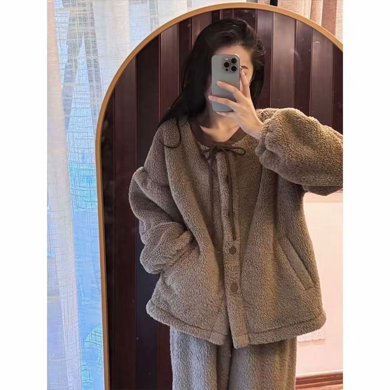 北羔绒加厚睡衣女秋冬季宽松休闲圆领加大码可外穿家居服保暖套装