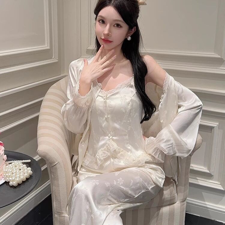 睡衣女春秋款三件套吊带长袖提花国风蕾丝性感仿真丝绸冰丝家居服