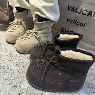 加绒保暖雪地靴女短靴 磨砂真皮厚底内增高羊羔毛毛鞋 2025冬季 新款