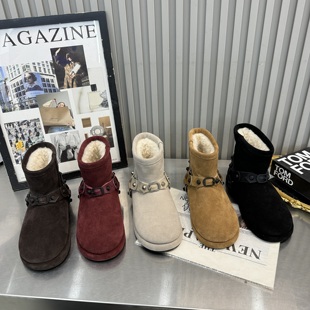 陈太同款 磨砂真皮平底羊羔毛毛加绒秋冬百搭女短筒雪地靴 2025新款