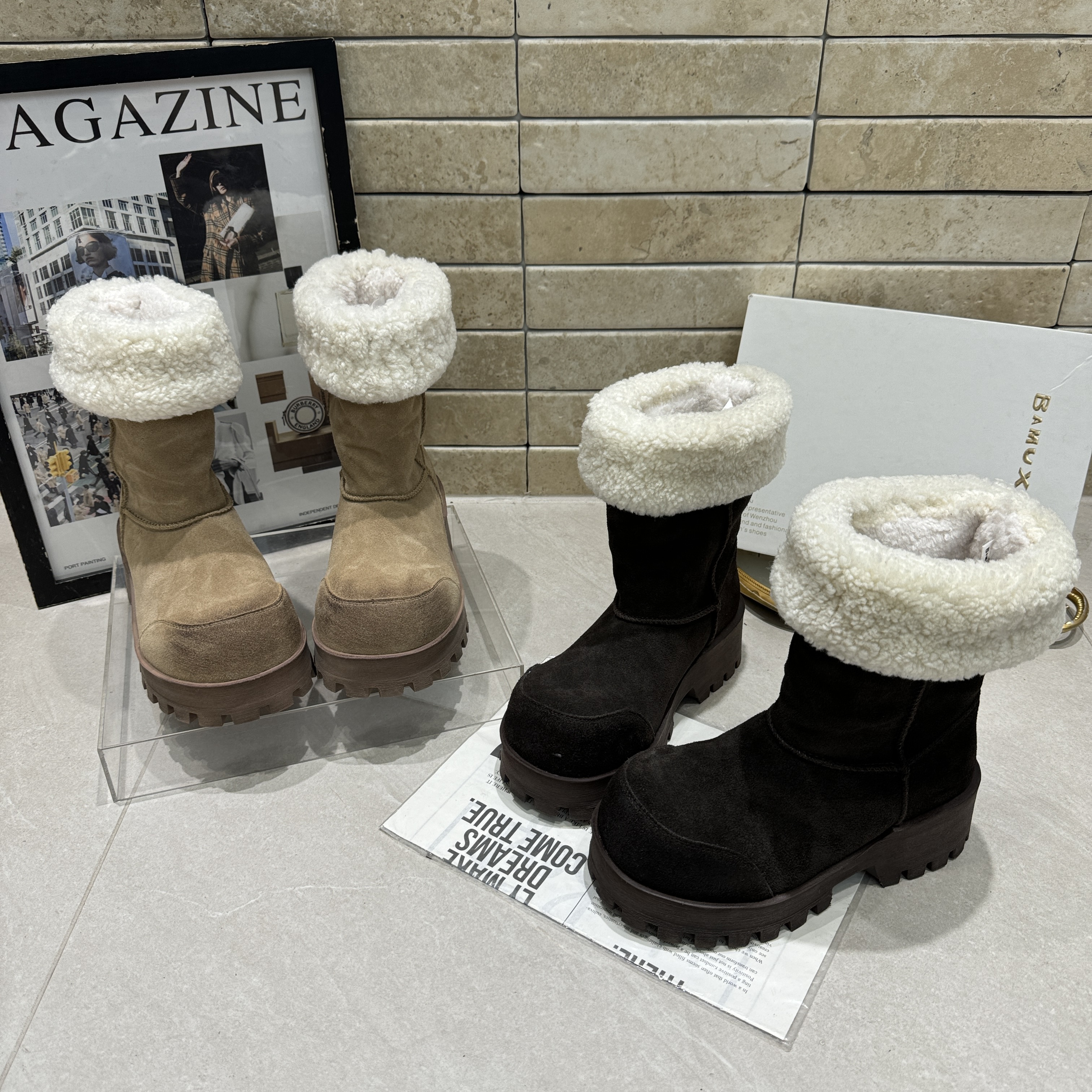 芭慕秀新款磨砂真皮厚底羊羔毛毛保暖加棉冬季百搭女鞋短靴雪地靴