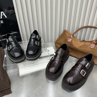 粗跟厚底圆头乐福鞋 2026春季 女鞋 真皮复古雕花小皮鞋 潮 新款