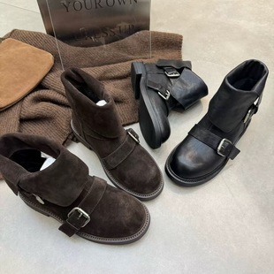 2025新款 磨砂真皮平底内增高加绒秋冬百搭女短筒马丁靴西部西部靴