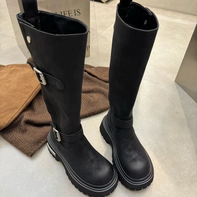 2025新款复古磨砂真皮纯皮搭扣松糕厚底增高百搭女鞋长筒靴马丁靴