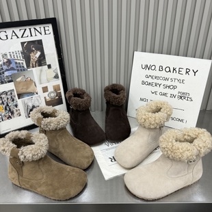 平底平跟保暖加棉短筒雪地靴勃肯鞋 真皮羊卷毛毛鞋 女 新款 2025冬季