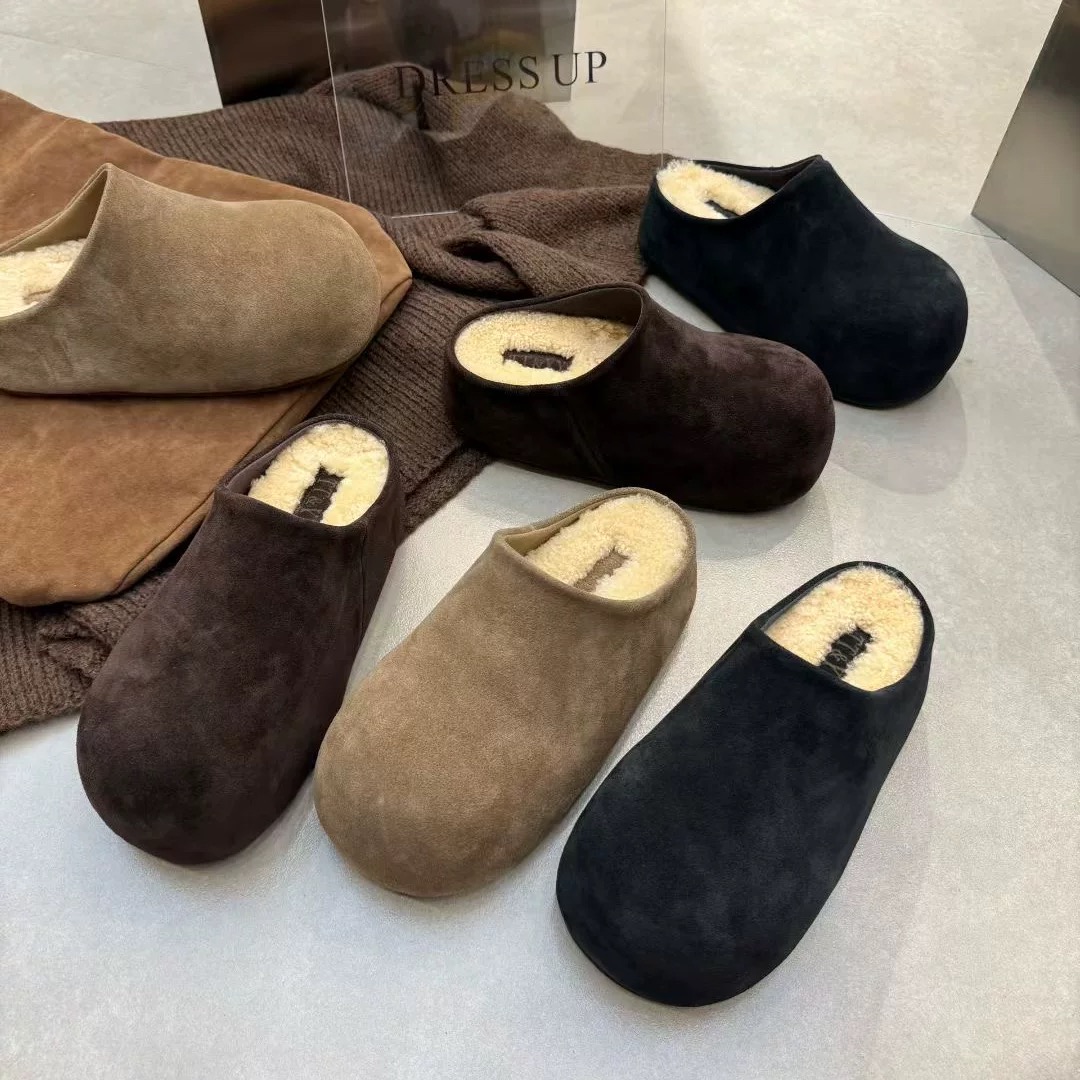 2025新款羊羔毛毛鞋真皮纯皮松糕厚底内增高百搭女鞋勃肯包头拖鞋