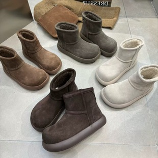 小土豆新款 磨砂真皮平底内增高羊羔毛毛加绒秋冬百搭女短筒雪地靴
