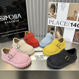 女鞋 2026春季 百搭爆款 彩色磨砂皮真皮厚底圆头厚底增高勃肯鞋 新款