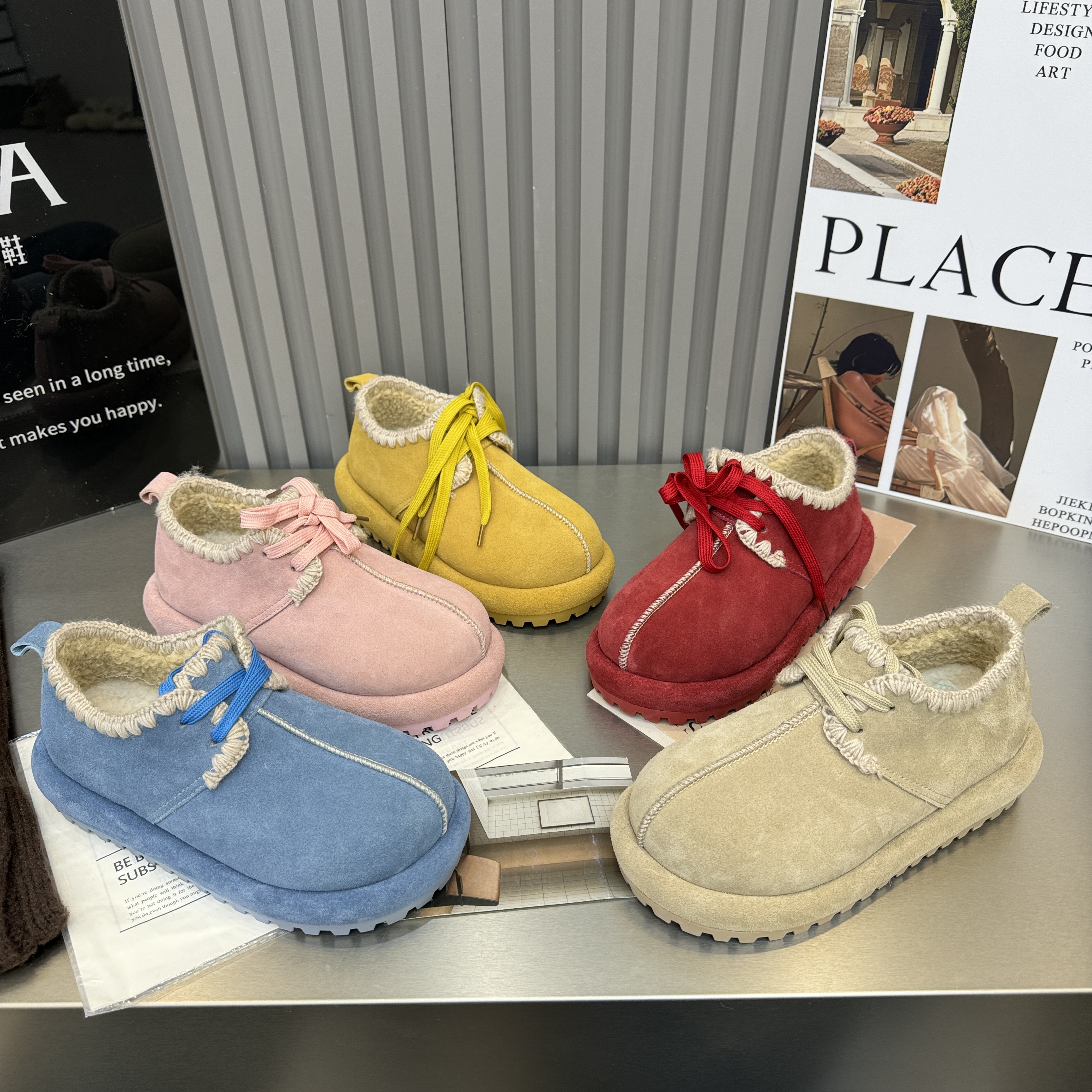 2025冬季新款彩色磨砂真皮厚底内增高羊羔毛毛鞋加绒百搭勃肯鞋女