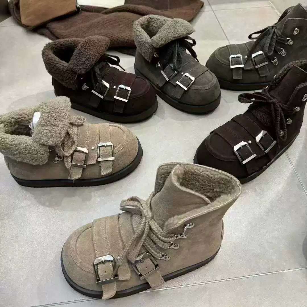 2025冬季新款平底内增高羊羔毛毛加绒保暖雪地靴女鞋休闲鞋乐福鞋