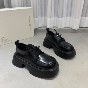 mona纯牛皮真皮2023早秋新款方头厚底松糕底瓢鞋乐福浅口女鞋单鞋