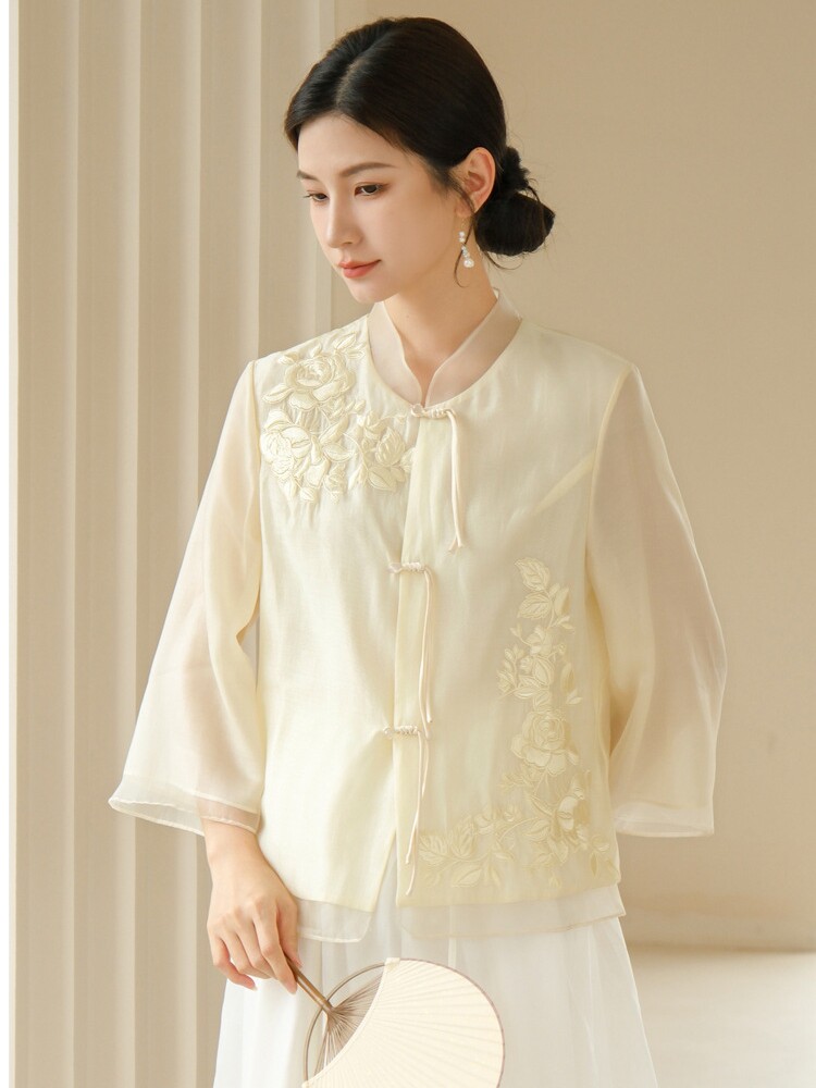 SUMMER WOMENS CLOTHING NEW HANFU NEW CHINESE STYLE EMBROIDERY IMPROVED TANG JACKET TEA MASTERS TOP ZEN TEA SUIT WOMEN