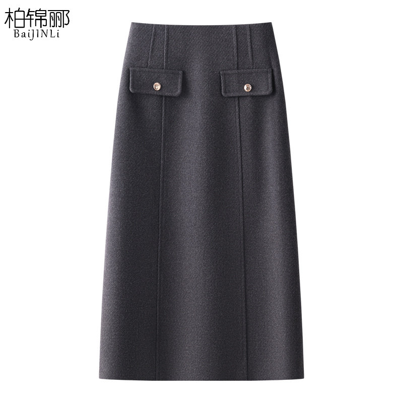 灰色毛呢半身裙女2025新款秋冬款气质中长款包臀裙开叉止步裙半裙