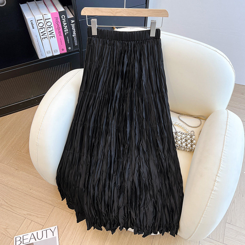 黑色醋酸半身裙2025新款夏季薄款宽松百褶裙子中长款垂坠感a字裙