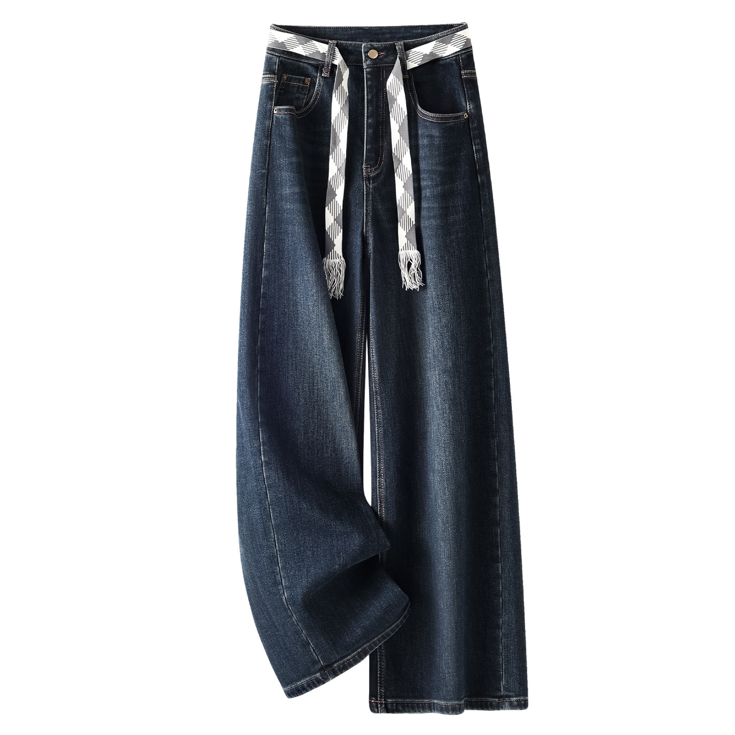 蓝色水洗阔腿牛仔裤女2025新款秋季美式高腰宽松显瘦直筒拖地裤子