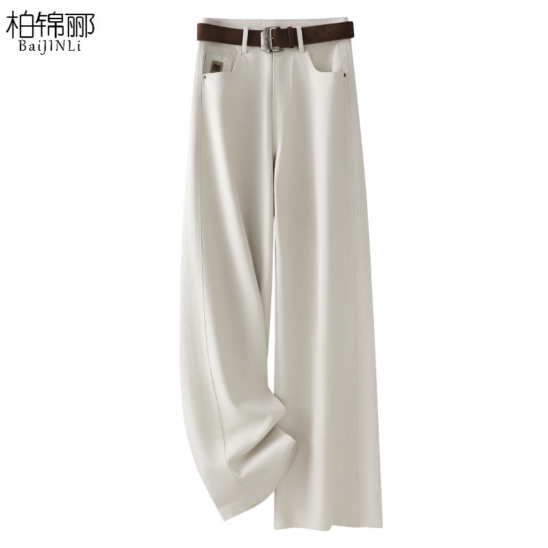 米白色牛仔裤女2025新款夏季宽松窄版直筒裤高腰显瘦垂感阔腿裤子