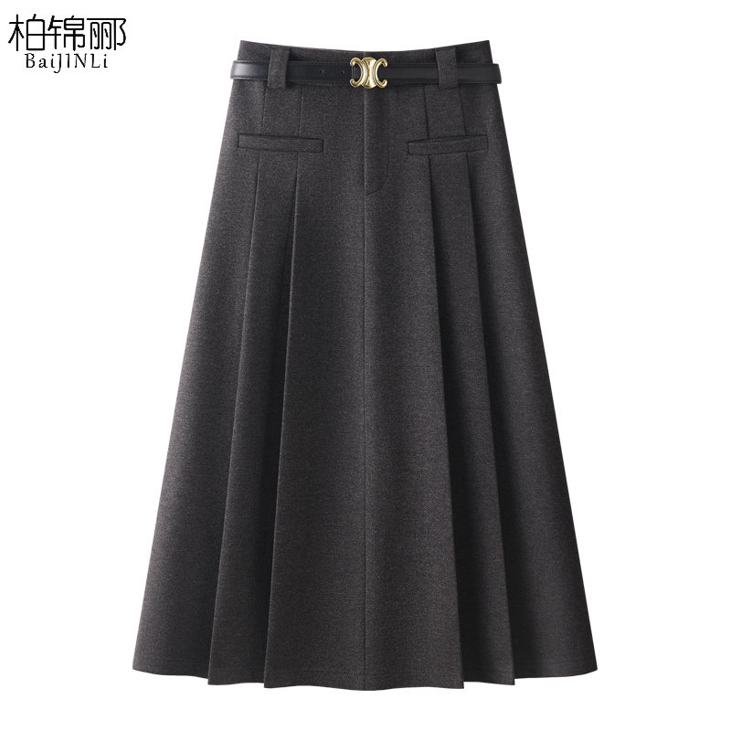 灰色气质毛呢半身裙秋冬款2025女新款宽松百褶裙中长款包臀裙半裙