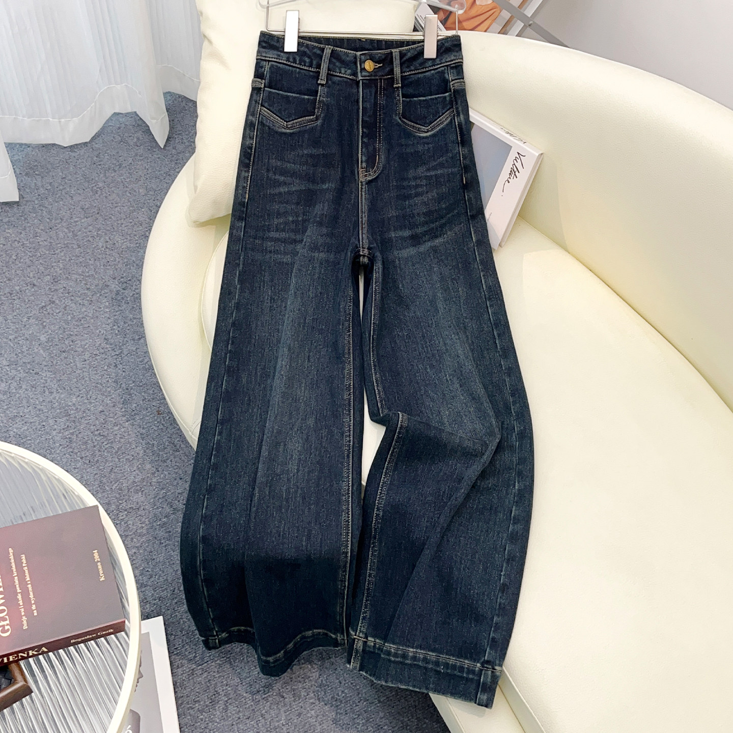 蓝色水洗阔腿牛仔裤女2025新款秋季爆款美式高腰显瘦宽松直筒长裤