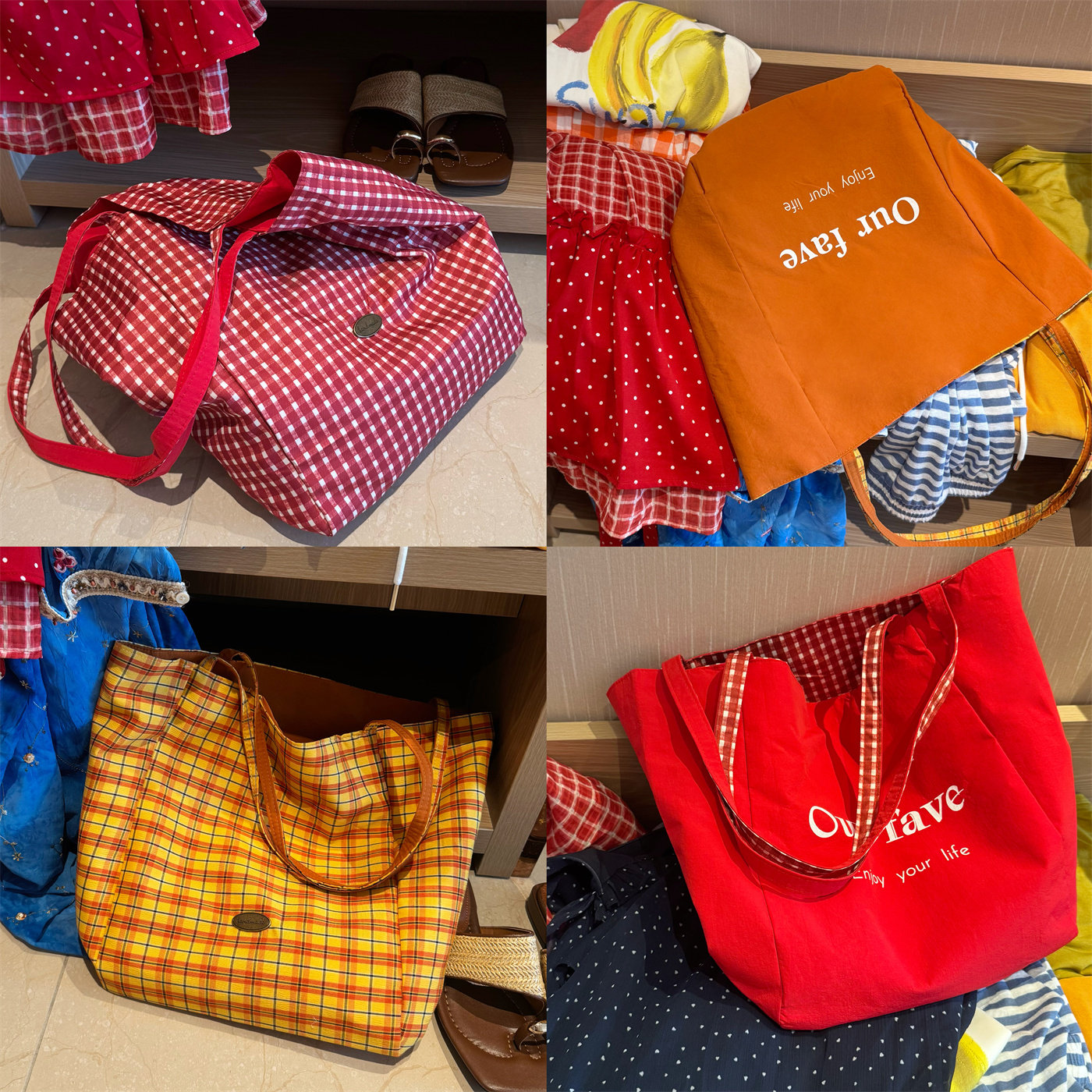 【格子双面包】现货发 出片实用大容量布包旅行单肩托特百搭女包图片