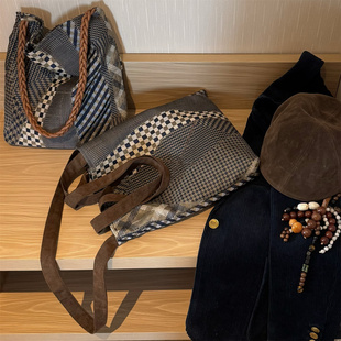 【美术生几何包】拼接格纹女包复古vintage单肩包休闲大容量布包